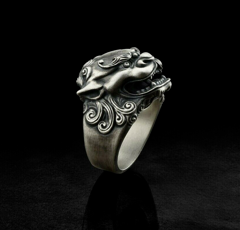 Wonderful Foo Dog Guardian Lion Animal Jungle Men's Biker Rider Silver ...
