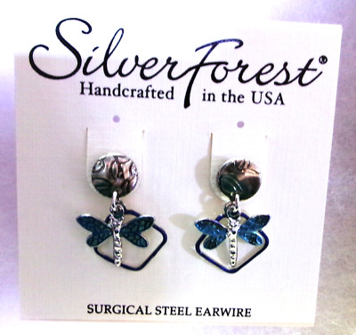 Silver Forest Pierced Earrings Blue Dragonfly Dangle Handcrafted NE-1523 NEW