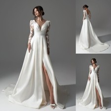 Bohemian Long Sleeves Satin Wedding Dresses A Line Side Split Bridal Gowns