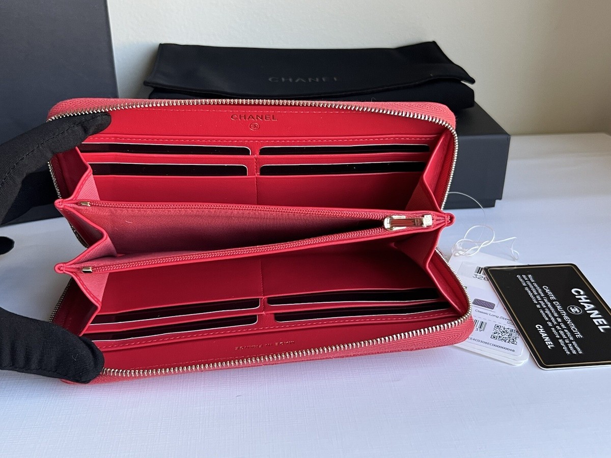 Authentic Chanel Red Caviar Classic Long Zip Wallet Clutch Zip