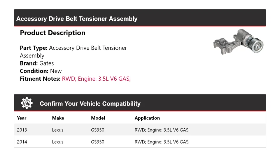 Para Lexus GS350 2013-2014 3,5 L V6 gasolina tracción trasera tensor correa montaje puertas Foto 2 de 4