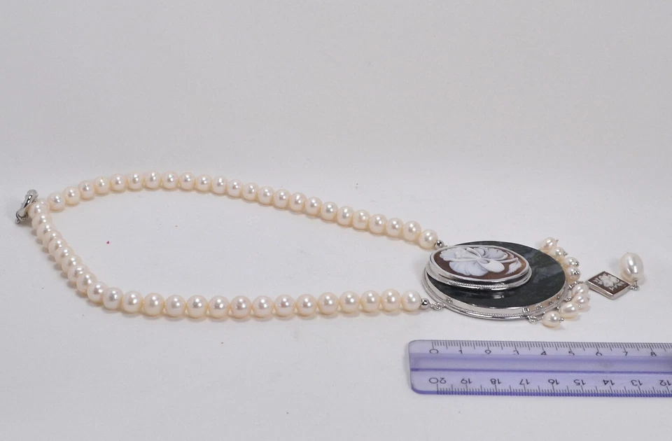 COLLANA IN ARGENTO 925 CON CAMMEI SARDONICO PERLE BIANCHE AGATA VERDE AGLN 0190 - Immagine 3 di 3
