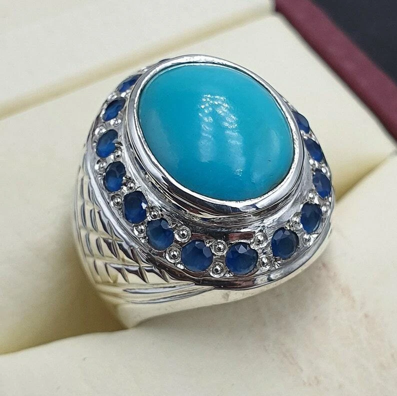 Anillo Turquesa Natural Para Hombre con Zafiros Hecho a Mano Anillos Hombre Talla 9 Piedra Real Foto 3 de 4