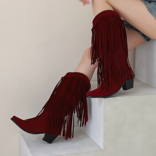 Womens Knee High Boots Mid Chunky Block Heels Tassels Western Riding Boot Autumn - Imagen 6 de 29
