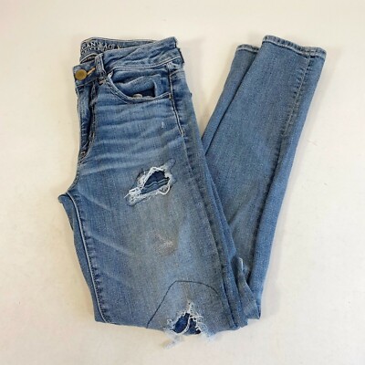 American Eagle High Rise Jegging Womens 2 Blue Distressed Super Stretch Denim