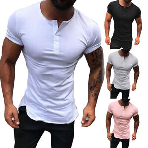 Mens Slim Casual Top T-Shirt Short Sleeve V-Neck Slim Fit Muscle Shirt Basic Tee