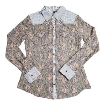 BKE Boutique Long sleeve  Snap Button blouse-Semi sheer-Lacey-multi Color-Large