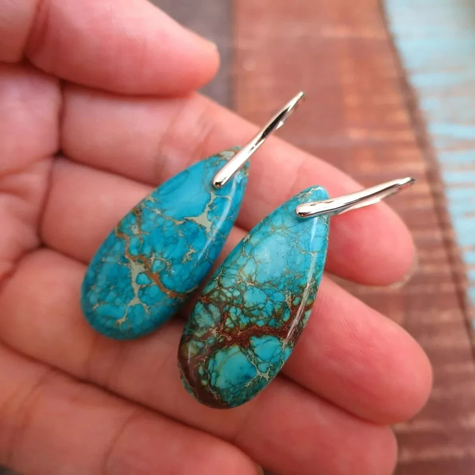 Natural Turquoise Teardrop Stone Earrings Blue Gemstone Dangle Drop Earrings - Image 2 of 4
