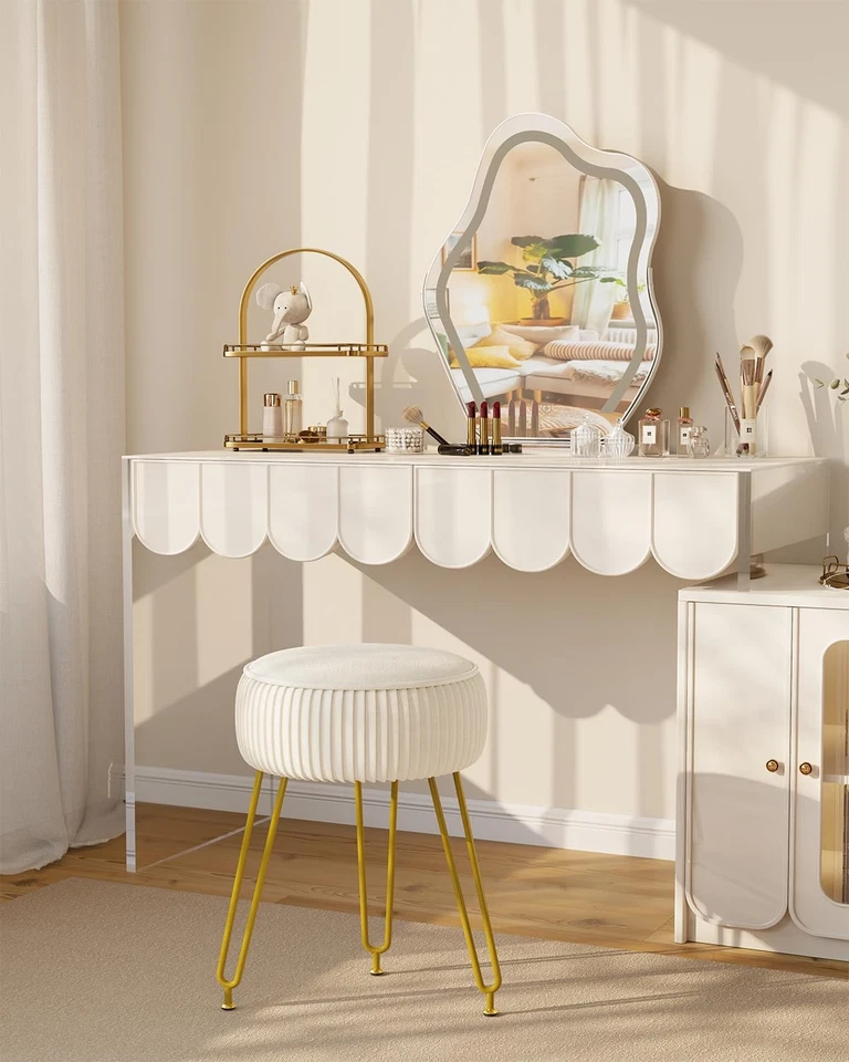 Taburete de sofá otomano, reposapiés redondo de terciopelo, patas doradas, blanco Foto 4 de 4