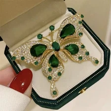 Butterfly Gold & Green Metal Crystal Brooch Pin Badge Pendant Gift Womens