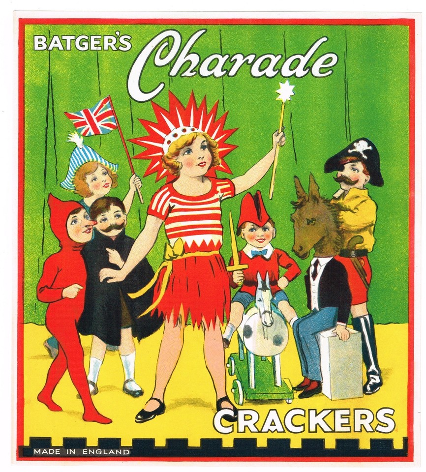 Genuine 1930s English cracker labels — bizarre, Halloween-ready ephemera that predates kitsch as a concept.