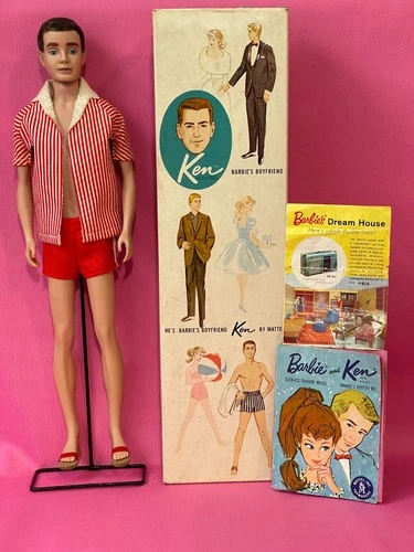Vintage 1960s Mattel 750 Flocked Brunette Ken Doll Original Box Swimsuit Sandals