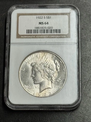 1922 S Peace Silver Dollar Graded NGC MS64 Nice BU Better Date $1 Coin (1613)