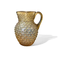 GORGEOUS Handblown Glass Hobnail Pitcher Antique Amber Glass Water Jug square 9"