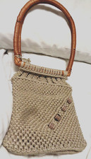 Crochet Knit Macram Handbag Purse 10 x 7 With Big 10 Oval Round Handle Beige