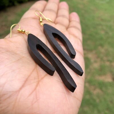 Ebony Wood Long Shoulder Duster Linear Handmade Earrings 85 mm length, D 3