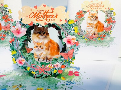 Origami Pop Cards Happy Mother's Day Mum Cat & Baby Kitten in Floral Wreath Love