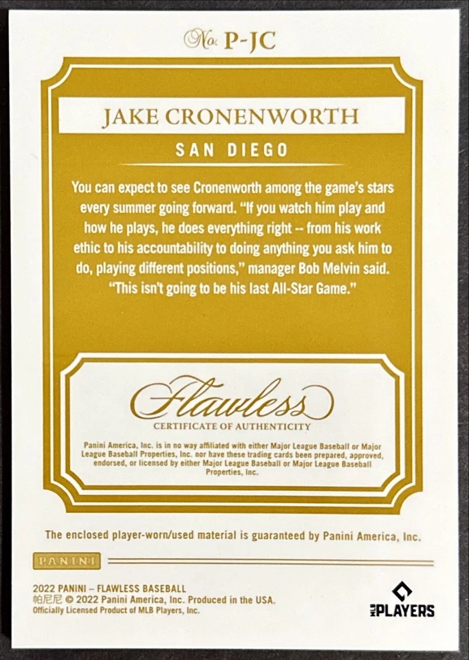 2022 Flawless Jake Cronenworth #'d 1/2 Jumbo Patch Emerald San Diego Padres - Image 3 of 3