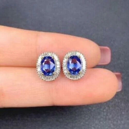4.30Ct Oval Cut Blue Tanzanite Push Back Halo Stud Earrings 14K White Gold Over