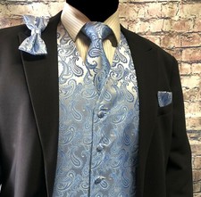 Light Blue XS-6XL Paisley Tuxedo Suit Dress Vest Waistcoat Necktie Bowtie Hanky