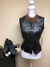 Women’s Black Pvc Leather / Polyester Motorcycle Vest Fitted Size 2 Buttons