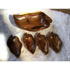 Leaf Shaped Wooden Salad Bowl Set 5 Pieces Mid Century Vintage Primative