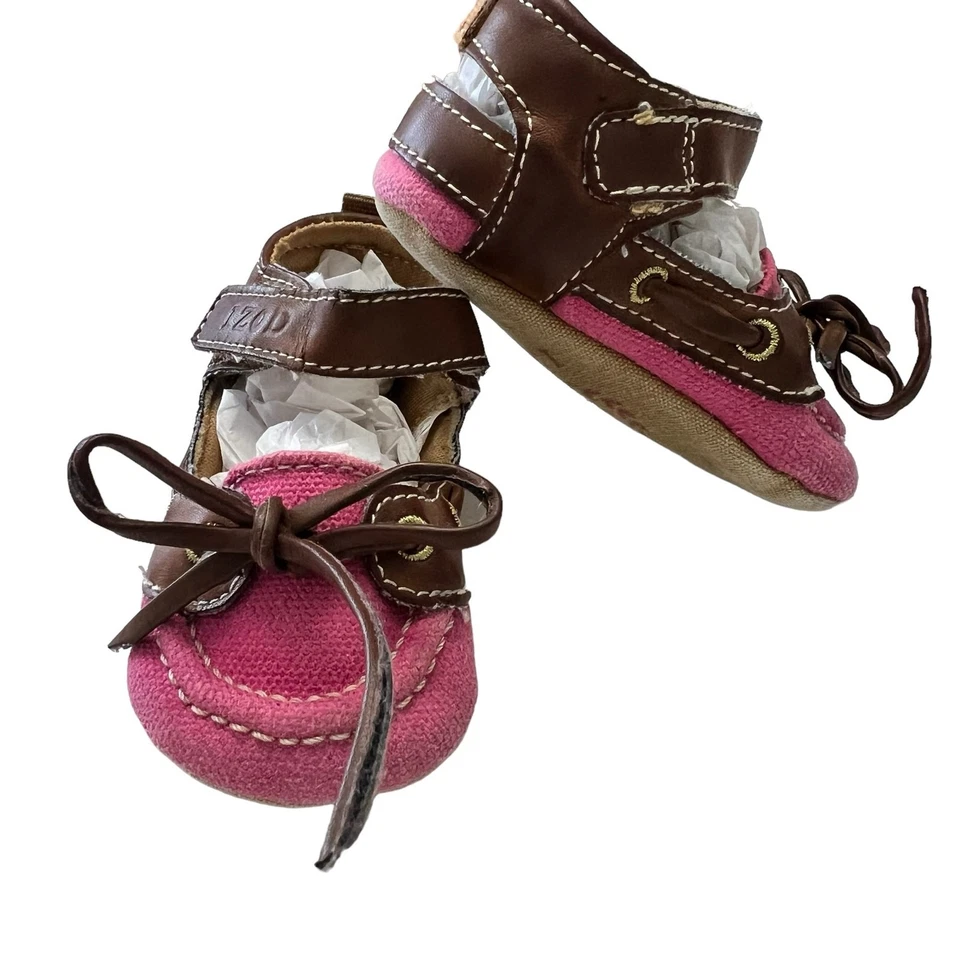 Sandalias Izod Infantil Niña Talla 2 Zapatos de Cuna Cuero Lona Rosa Marrón Suela Suave  Foto 2 de 4
