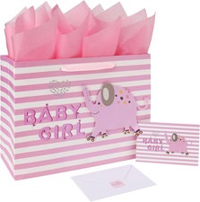 13" Large Pink Gift Bag Set with Greeting Card and Tissue Paper 3D Elephant for