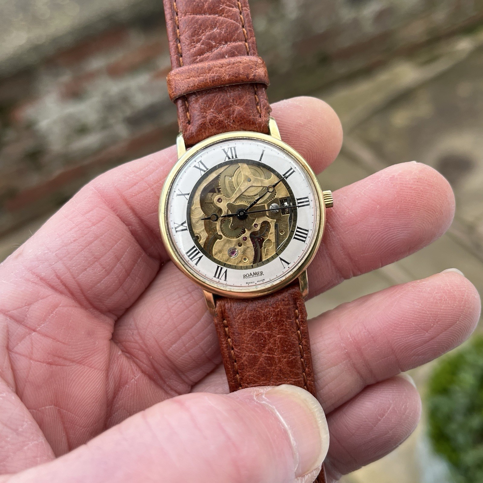 Lovely vintage 1970's Roamer 17J Skeleton dial gold plated watch - runs & stops