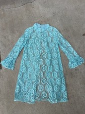 vtg 1960s 60s Aqua Lace Jacket Duster Bed Jacket Sheer Robe Sz M