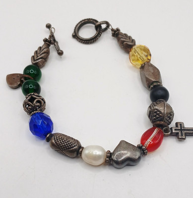 Beaded multicolor charm Toggle bracelet with 925 Heart Charm and a Cross Charm
