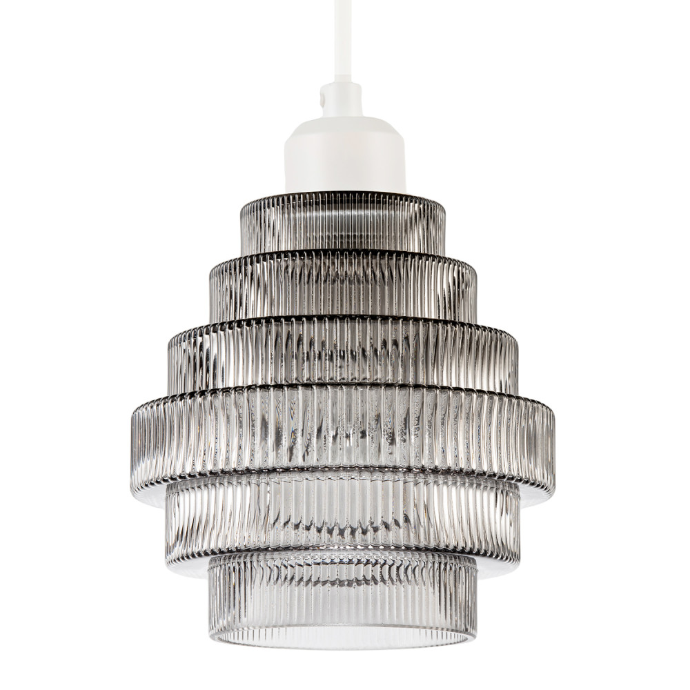 Tiered Stepped Design Smoked Ribbed Glass Pendant Ceiling Light Shade by Happ...