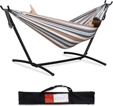 PNAEUT Double Hammock with Space Saving Steel Stand Included 2 Person Heavy Duty