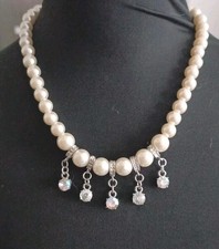Faux Pearl Necklace Dangle Charms Aurora Boralis Stones 20"+4"Extender VGC