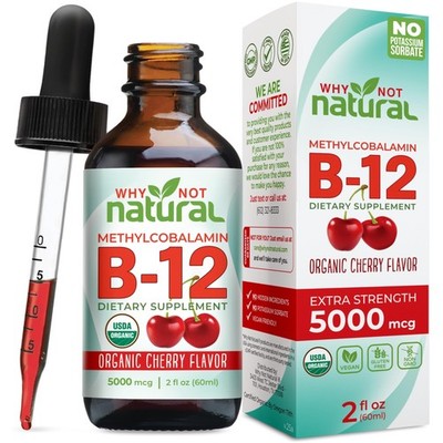 Organic B12 Liquid - Sublingual Extra Strength 60 x 5000 mcg Methylcobalamin ...