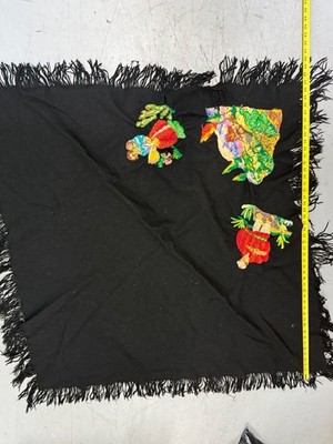 Vintage Peru Hand Embroidered Black Wool Shawl with Fringe Figures and Village S