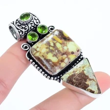 Boulder Chrysoprase, Peridot Gemstone Silver Jewelry Pendant 2.6" PRJ16424