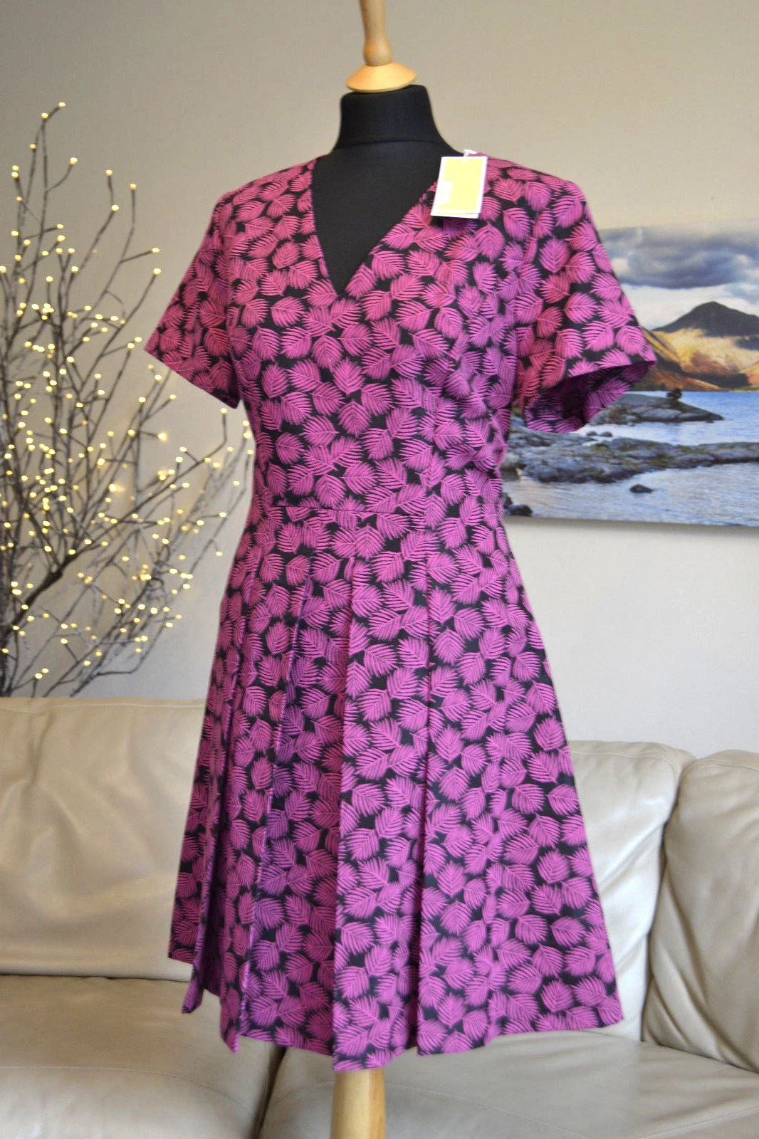 Abito donna Michael Kors linea A rosa nero foglia floreale scollo a V SS tg. 6 Regno Unito