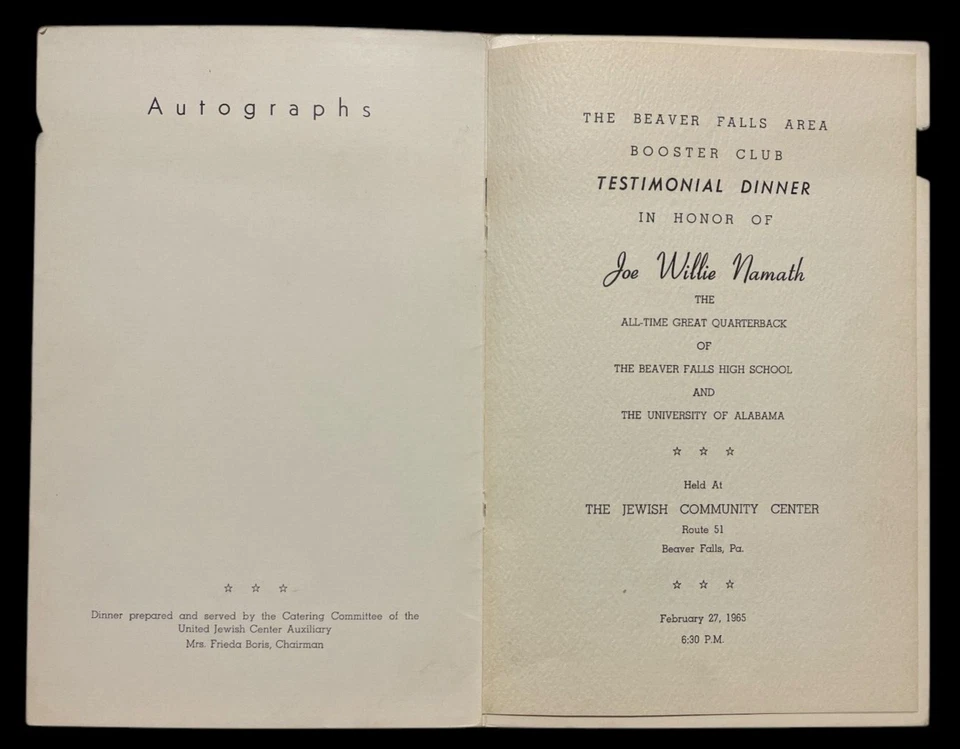 FEB 27 1965 JOE NAMATH HAND SIGNED HS TESTIMONIAL PROGRAM JSA COA JD 101224 - Image 4 of 4