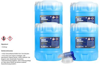 4x 20 L MANNOL Kühlerfrostschutz Typ G11 Longterm Antifreeze AG11 blau + Hahn