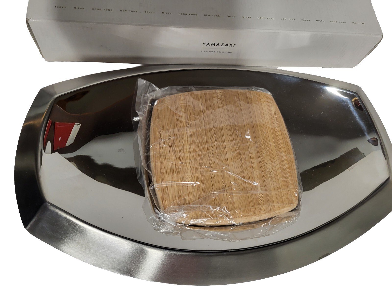 NEW IN BOX Yamazaki Stainless Steel & Wood Cheese Tray Charcuterie Sushi Board