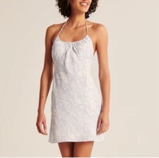 NWT Abercrombie & Fitch Blue Swirl Satin Ruched Halter Dress Plunge Back Sz XL