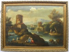 Paesaggio con architetture e figure ANTICO olio su tela Italia ‘700 cm 70x100