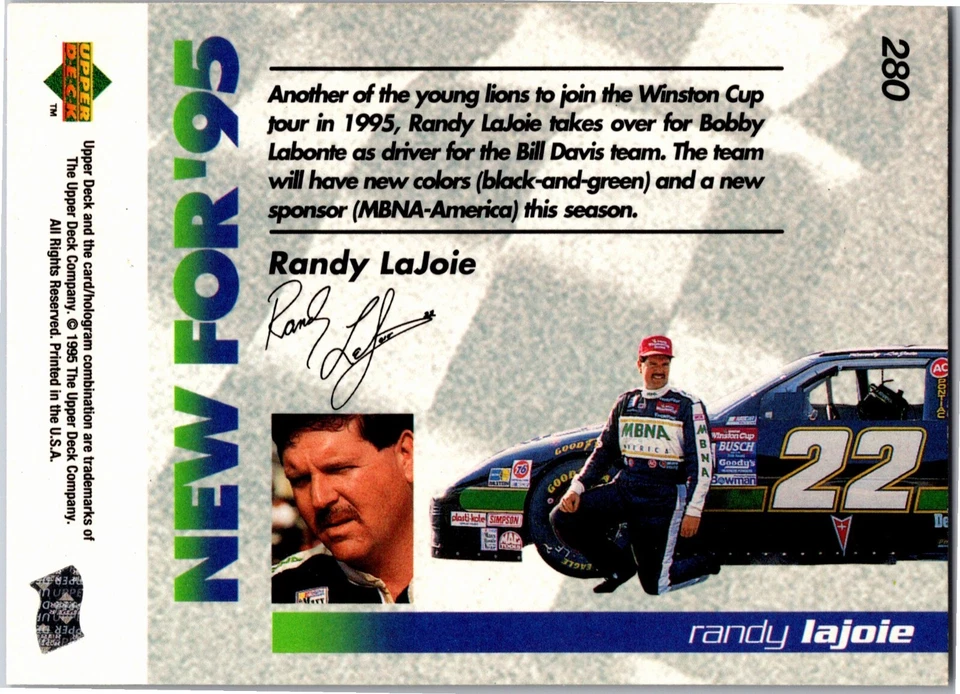 1995 Upper Deck- NASCAR "NEW FOR 95" #280 Randy Lajoie (MBNA AMERICA) - Image 2 of 2