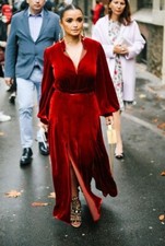Womens Long Sleeve Velvet Dress Slit Gown Party Evening and Formal Occasions