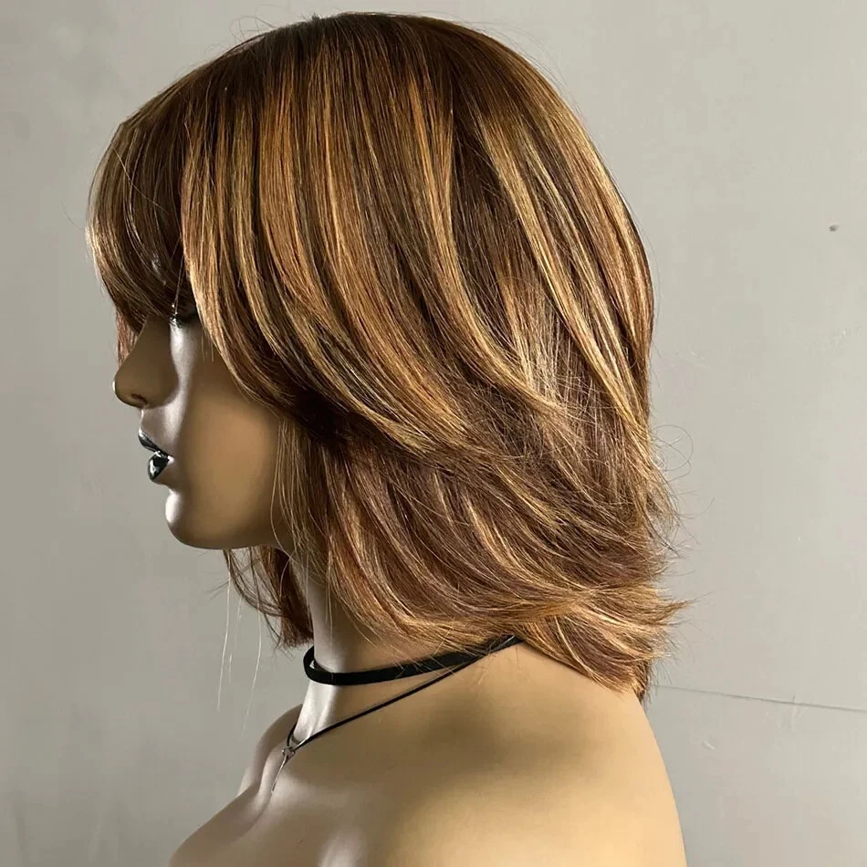 Mixed Blonde  Wigs Highlight Brazilian Remy Human Hair Wigs with Bangs Short Bob - Image 3 of 4