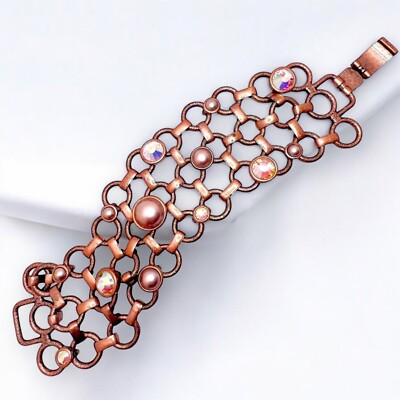 Wide Cuff Bracelet Copper Link Crystal Pink Pearl Vintage  display picture 3