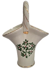 Christmas Porcelain Basket Vase Winter Holly Berry Handle Ivory Gold Trim Essex