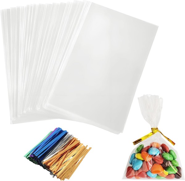 100Pcs CellophantüTen,10X16Cm SüßIgkeiten TüTen Transparent KekstüTen Mit Meta-image