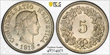 1913 B PCGS MS64 Switzerland 5 Rappen KM-26